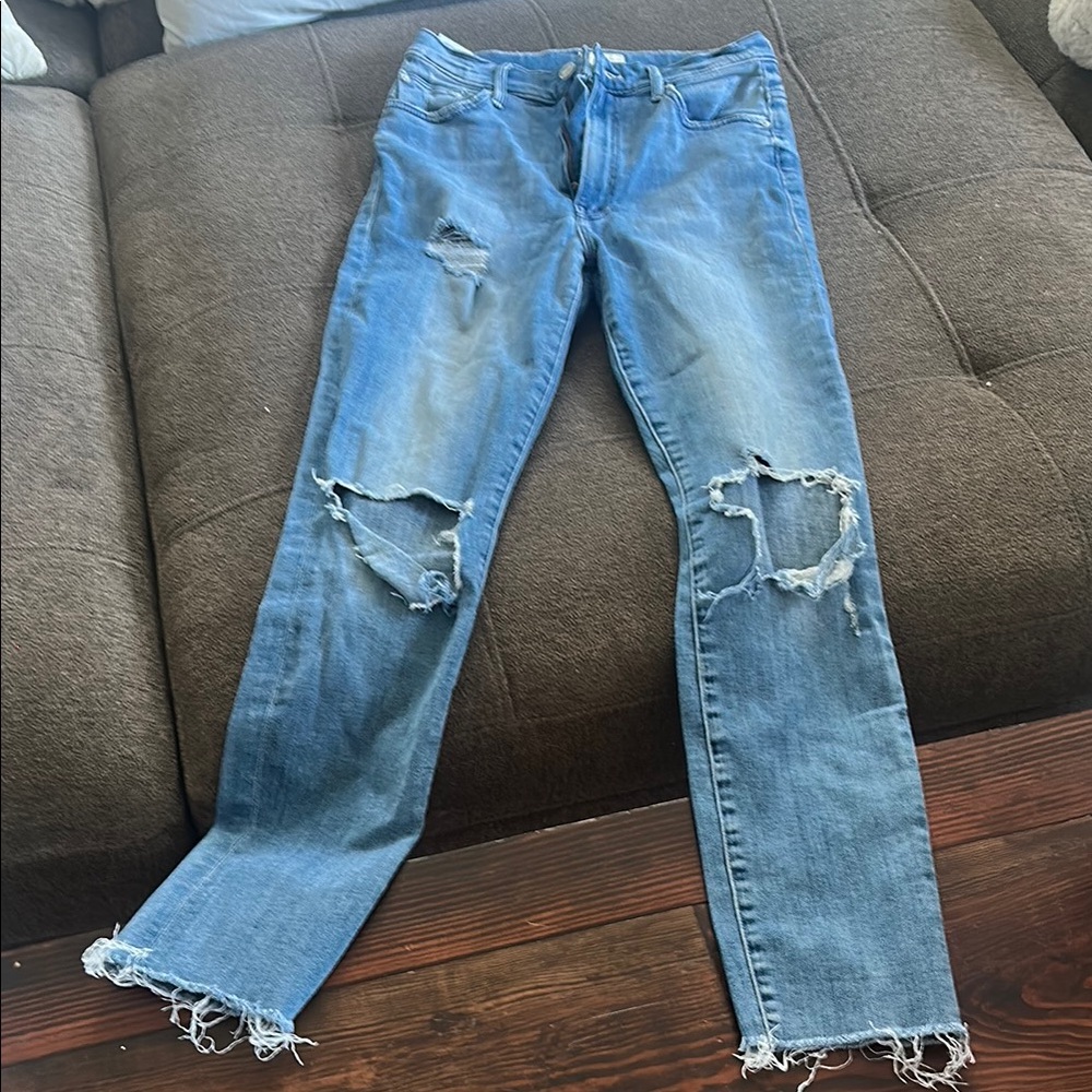 MOTHER Distressed Boyfriend Jeans in Medium Blue Denim